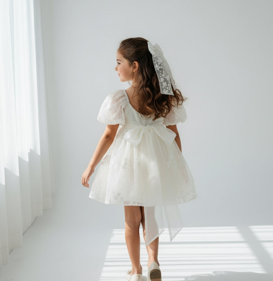 Garden Flower Dress & Hair Bow - White (Made to order) MK014