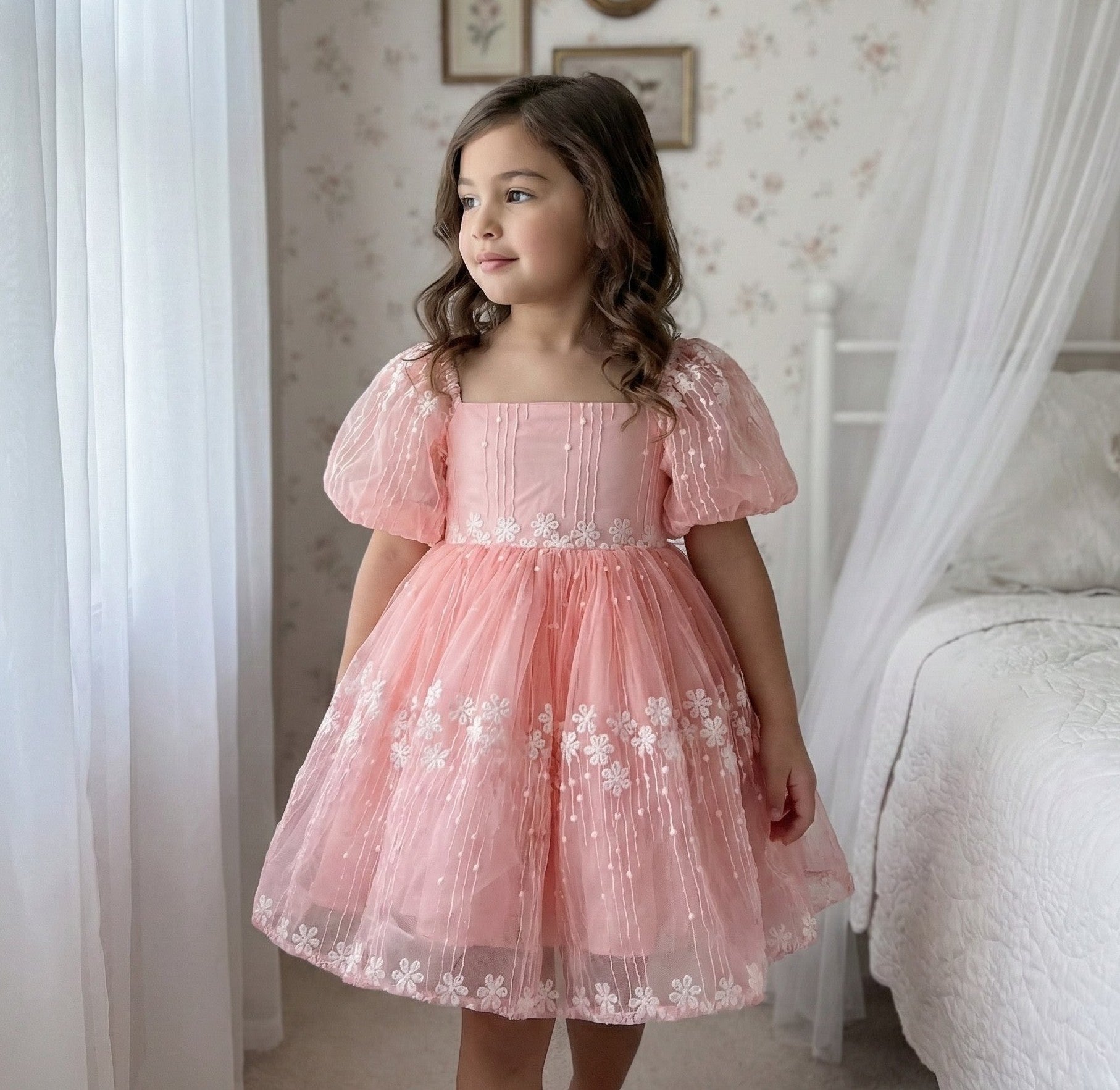 Gartenblumenkleid und Haarschleife – Rosa (Auf Bestellung gefertigt)