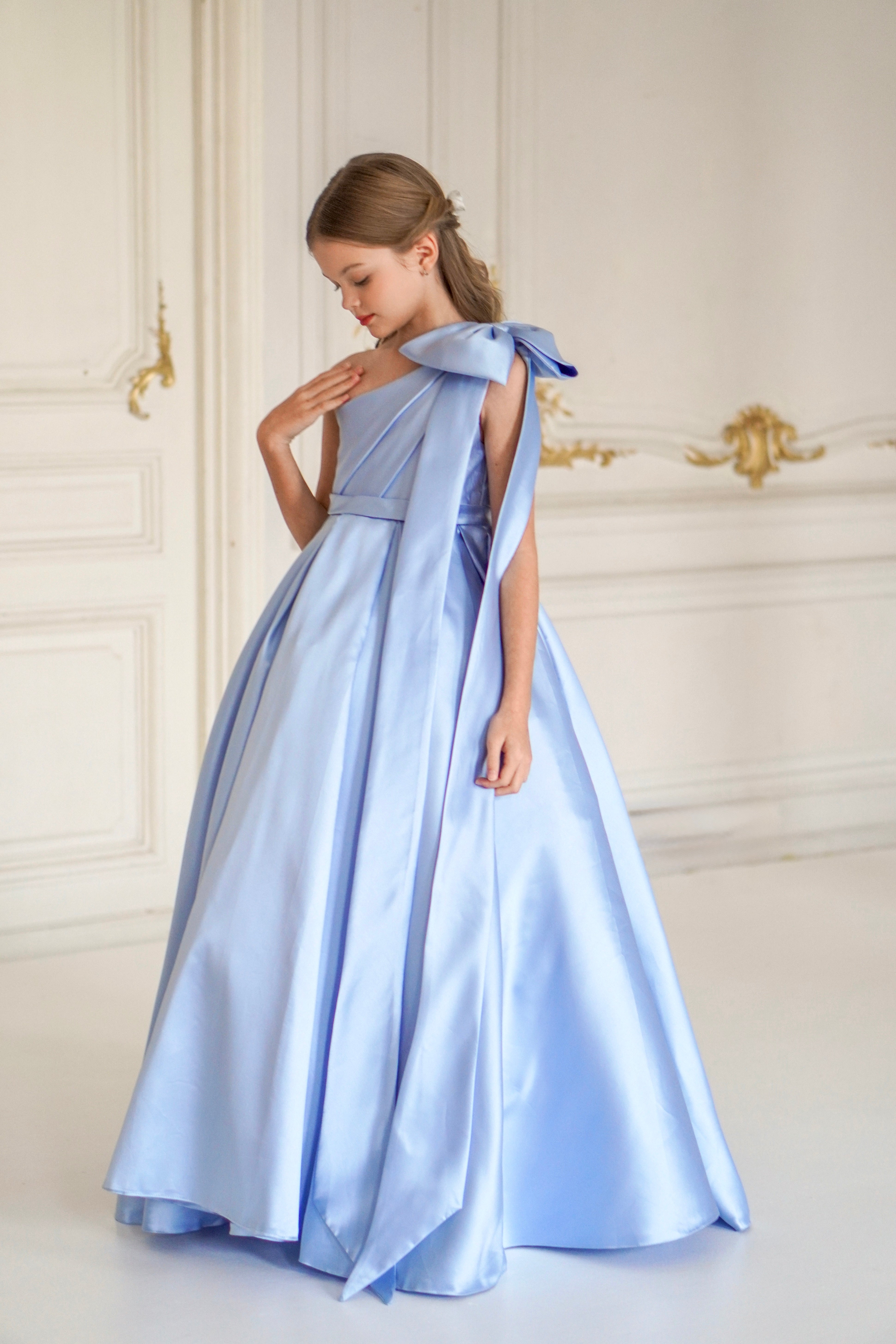 Jasmine Blue Satin Girls Special Occasion Dress (Made to order) MK004