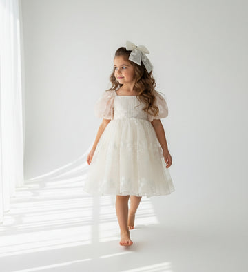 Garden Flower Dress & Hair Bow - White (Made to order) MK014